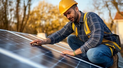 Engineer in helmet and safety vest inspecting solar panels on rooftop during autumn; renewable energy technician focused on sustainability