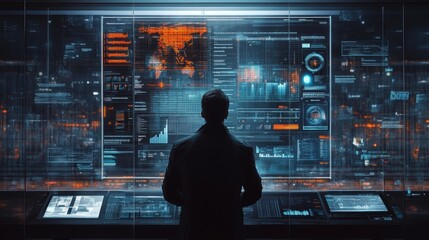 Business official reviews AI ethics dashboard analyzing impacts on privacy and bias in decision making processes