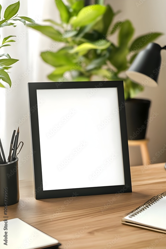 Canvas Prints A modern picture frame on a wooden desk in a home office, with a laptop and notebook nearby, surrounded by minimalist decor and a green plant in the background