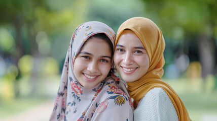Happy mother and daughter wearing colorful hijabs, smiling and standing close together outdoors with a lush green background