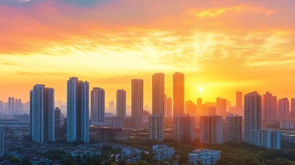 Fototapeta premium A vibrant sunset over a city skyline, highlighting tall buildings against a colorful sky.