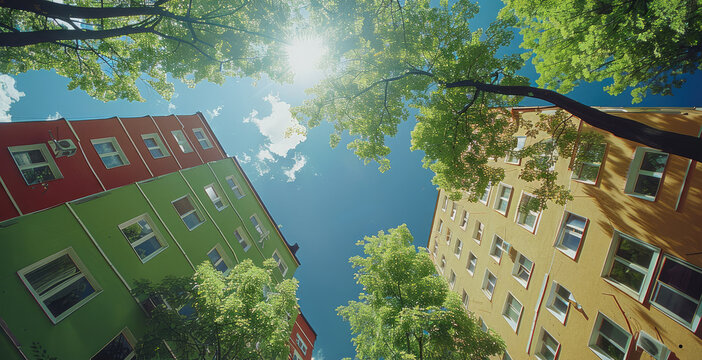 Buildings and trees, bright colors, green color scheme, sky, view from bottom looking up.