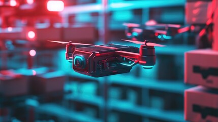 Naklejka premium Close-up of delivery drones in motion within a warehouse environment, emphasizing the role of robotics in modern logistics