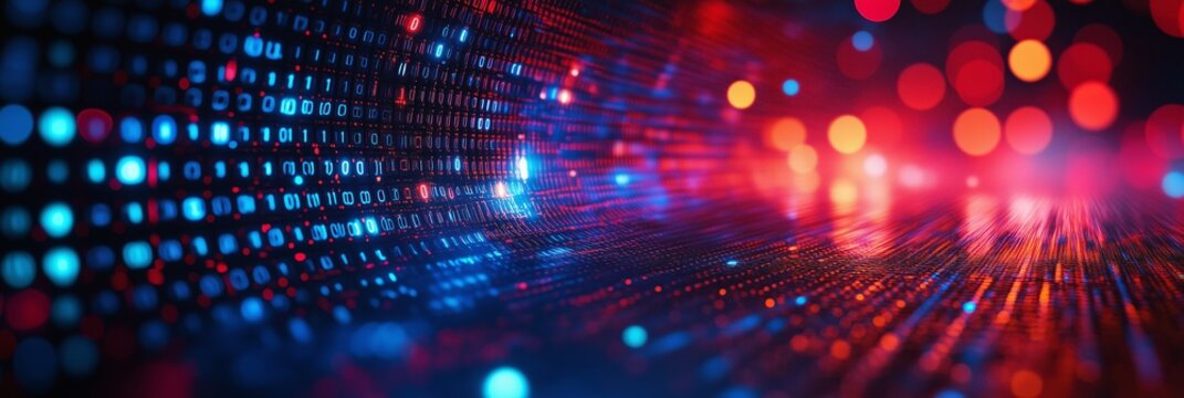 Abstract red and blue digital binary code 1 and 0 digital info tech science data background showing data processing and digital information. Generative AI