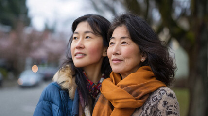 Naklejka premium Elderly woman and young woman standing closely together outdoors, gazing thoughtfully into the distance, wrapped in warm clothing on a chilly day
