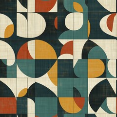 Abstract geometric pattern with overlapping circles and semicircles in teal, orange, red, and cream tones on textured background