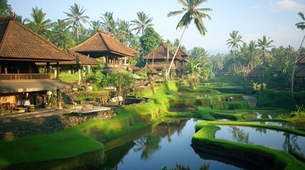 Fototapeta premium Lush tropical landscape with traditional architecture and serene water reflections.