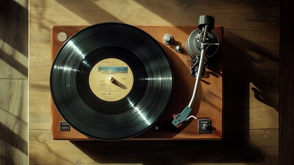 Vinyl record playing on a turntable in sunlight,