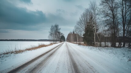 Snow fall on the road isolated background. Winter snowy flake snow falling on the road with trees. Snowflake winter season isolated road path way background