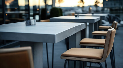 Contemporary outdoor patio with modern chairs and tables during sunset, featuring sleek concrete surfaces and minimalist design elements.
