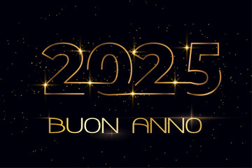 biglietto o striscione per augurare un felice anno nuovo 2025 in oro con stelle su sfondo nero