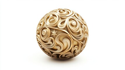 Matte gold Christmas ball with intricate swirls and stars, isolated on white for a refined look