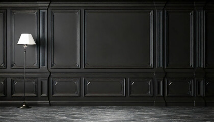 Empty room, black wall with molding, stylish and neat grey stone floor. Interior house