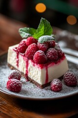 A slice of creamy cheesecake is adorned with vibrant fresh raspberries and a sprig of mint, drizzled with raspberry sauce, set on a rustic wooden table in a cozy cafe