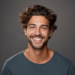 Fototapeta premium Joyful Man with Engaging Expression Set Against a Lively Studio Backdrop