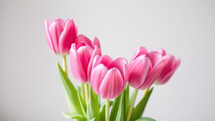 Group of bright pink tulips in a vase with stems and leaves, floral, colorful, tulip