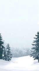 Naklejka premium A peaceful winter scene featuring snow-covered pine trees, a white landscape, and a gentle snowfall under a pale, cloudy sky.