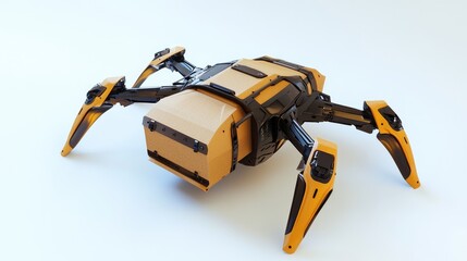 Fototapeta premium High-tech drone equipped for delivery, transporting a brown box on a white background, representing efficient logistics