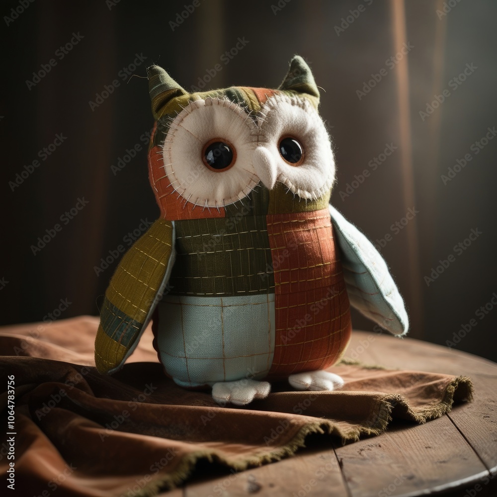 Wall mural Colorful handcrafted owl plush toy displayed on wooden table with soft lighting. Generative AI