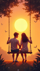 Sunset silhouette of couple on swing with birds