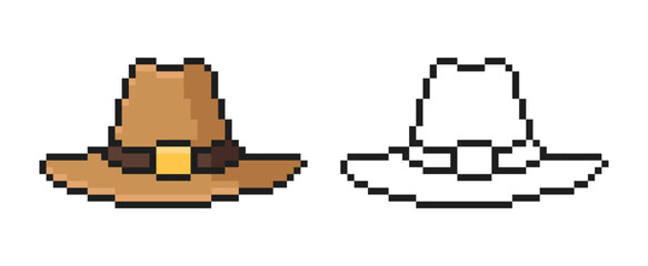 Cowboy and Sheriff Hat in Pixel Style. Retro vector illustration