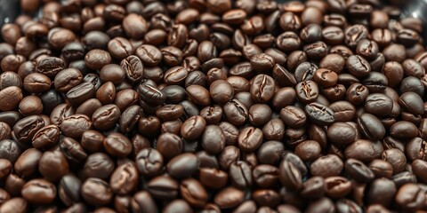 Fototapeta premium Closeup of roasted coffee beans on a tray, detail, meal, wholesome
