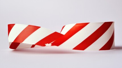 Red and white construction ribbon with bold stripes, isolated on a plain white background
