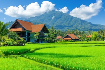 Fototapeta premium Scenic view of lush rice fields with traditional houses and mountains in the background.