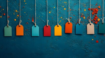 Vibrant Colorful Price Tags Hanging Against a Bold Teal Background with Artistic Paint Splashes. Value and Price Concept