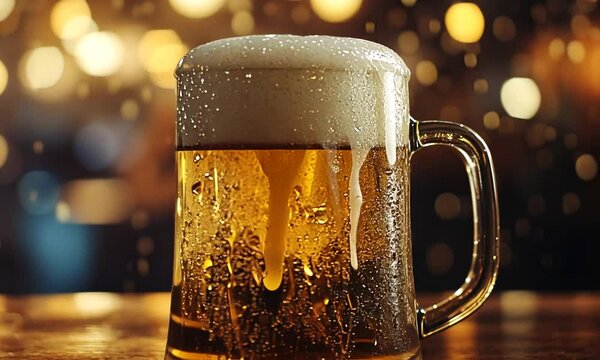 A frosty beer mug with dripping condensation, set against a blurred, warm-lit background.