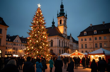 A towering Christmas tree stands majestically in the center of a bustling town square, adorned with...