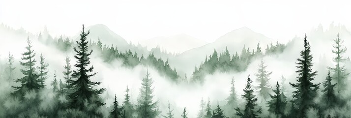Obraz premium Watercolor green landscape of foggy forest hill. Evergreen coniferous trees. Wild nature, frozen, misty, taiga. Horizontal watercolor background.Hand painted watercolor illustration of misty forest