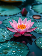 A serene close-up of a pink lotus flower in bloom, surrounded by lily pads covered in fresh dewdrops, creating a tranquil and natural scene