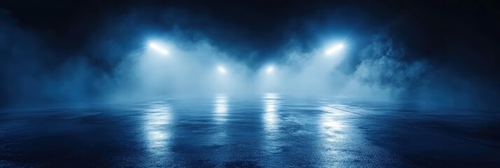 Fototapeta premium Wet asphalt, reflection of neon lights, a searchlight, smoke. Abstract light in a dark empty street with smoke, smog. Dark background scene of empty street, night view, night city.