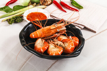 Boiled tiger prawn with sauce