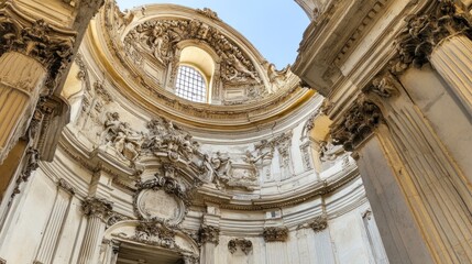 A grand architectural interior featuring ornate details and classical design elements.