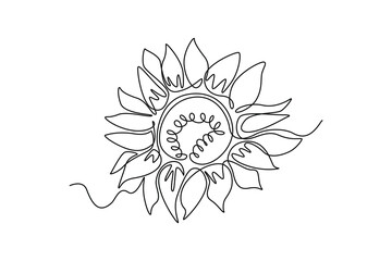 Single continuous line drawing sunflower seen close up. Details and patterns are visible. Flower symbol of loyalty. Flower spiritual guidance. Kansas Day. One line graphic design vector illustration