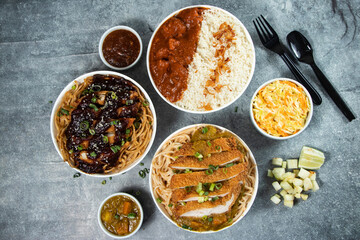 Teriyaki Grilled Chicken Noodles, Katsu Chicken Noodle, Butter Chicken with Rice served in bowl isolated on grey background top view of assorted japanese food verity assortment