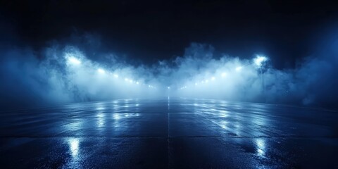 Fototapeta premium Wet asphalt, reflection of neon lights, a searchlight, smoke. Abstract light in a dark empty street with smoke, smog. Dark background scene of empty street, night view, night city.