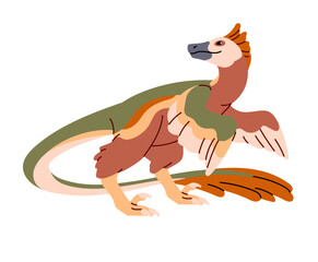 Jurassic dinosaur with feather. Flying dino. Colourful Velociraptor. Prehistoric carnivorous animal. Ancient reptile with wings. Paleontology. Flat isolated vector illustration on white background © Paper Trident