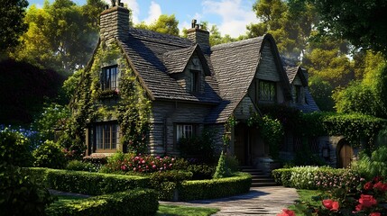 Fototapeta premium A picturesque English cottage with stone walls, a thatched roof, and ivy-covered exterior. Surrounded by a lush garden with roses and hedges. 