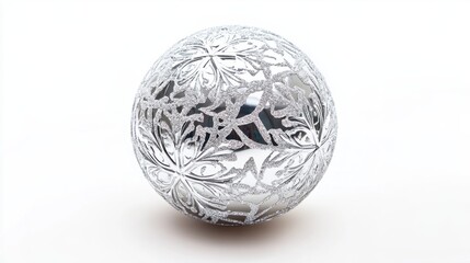 Shiny silver Christmas ball with intricate snowflake designs, isolated on white for a wintery feel