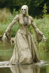 Fototapeta premium A skeletal figure dressed in a torn, vintage gown stands in shallow water, evoking eerie, haunting, and gothic horror themes