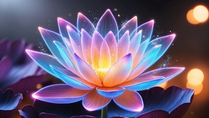 Close up of a vibrant, ethereal lotus flower with translucent, layered petals, glowing with hues of blue, purple, and orange