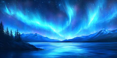 Fototapeta premium Northern Lights Over a Tranquil Lake and Mountains