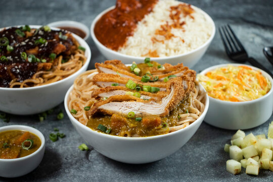 Teriyaki Grilled Chicken Noodles, Katsu Chicken Noodle, Butter Chicken with Rice served in bowl isolated on grey background side view of assorted asian food verity