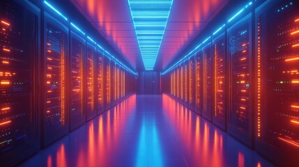 Fototapeta premium Futuristic Data Center Corridor with Vibrant Blue and Red LED Lighting Showcasing Advanced Technology and Modern Infrastructure