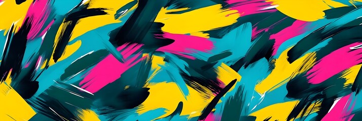 A playful background with abstract paint strokes in bold colors like yellow, teal, and pink, creating a lively, artistic feel.