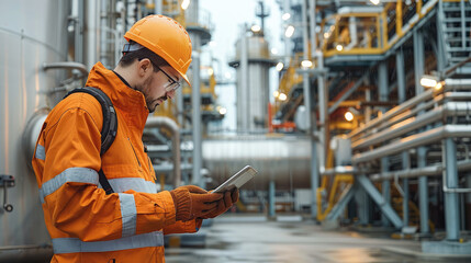 Technician in orange coveralls inspecting fuel storage tanks with digital tablet in oil refinery, scanning digital data on touchscreen device, industrial machinery and pipework in the background.