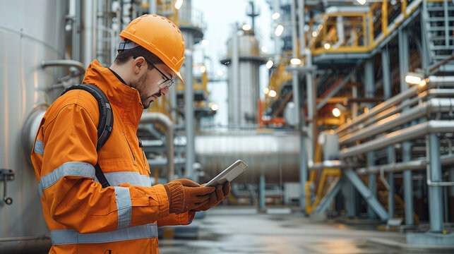 Technician in orange coveralls inspecting fuel storage tanks with digital tablet in oil refinery, scanning digital data on touchscreen device, industrial machinery and pipework in the background.